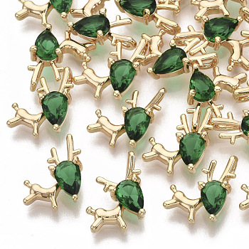 Brass Cubic Zirconia Charms, Christmas Reindeer/Stag, for Christmas, Green, Nickel Free, Real 18K Gold Plated, 12.5x9.5x4.5mm, Hole: 1.4mm