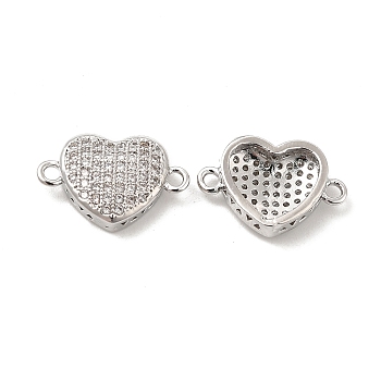 Brass Micro Pave Clear Cubic Zirconia Connector Charms, Heart Links, Platinum, 10x16x4mm, Hole: 1.4mm