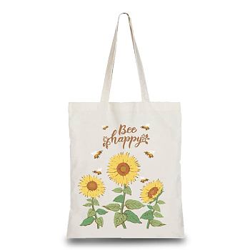 Foldable Canvas Cloth Pouches, with Handle, Reusable Shoulder Bags for Shopping, Sunflower Pattern, 38x33cm