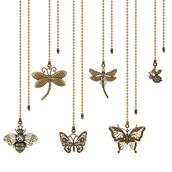 6Pcs 6 Style Insect Theme Tibetan Style Alloy Ceiling Fan Pull Chain Extenders, with Iron Ball Chain, Dragonfly/Butterfly/Bees, Antique Bronze, 342~370mm, 1pc/style