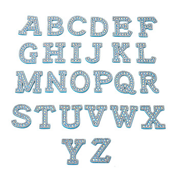 Alphabet Resin Rhinestone Patches, Iron/Sew on Appliques, Costume Accessories, for Clothes, Bag Pants, Sky Blue, 43.5~50x20~51x3mm