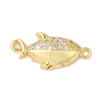 Rack Plating Brass Micro Pave Cubic Zirconia Connector Charms, Cadmium Free & Lead Free, Long-Lasting Plated, Fish, Real 18K Gold Plated, 10x21x3.5mm, Hole: 1.4mm