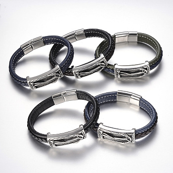 Men's Braided Leather Cord Bracelets, with 304 Stainless Steel Findings and Magnetic Clasps, Rectangle with Anchor, Mixed Color, 8-5/8 inch(220mm)