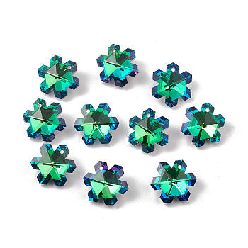 Electroplate Transparent Glass Pendants, Back Plated, Faceted, Snowflake Charms, Green, 20x17.5x9mm, Hole: 1.2~1.4mm