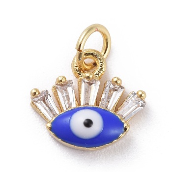 Cubic Zirconia Charms, with Brass Findings and Enamel, Eye, Golden, Blue, 8.5x9.5x3~3.5mm, Hole: 2.5mm