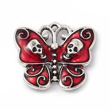 Alloy Enamel Pendants, Antique Silver, Butterfly with Skull Charm, Red, 20.5x23x4mm, Hole: 1.2mm