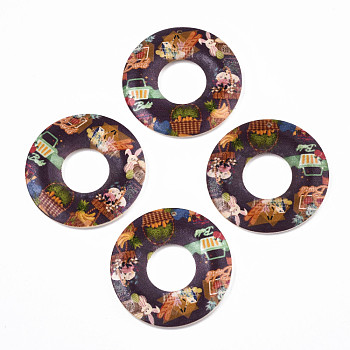 Printed Wood Pendants, Donut with Animal Pattern, Coconut Brown, 45x5mm, Hole: 1.6mm