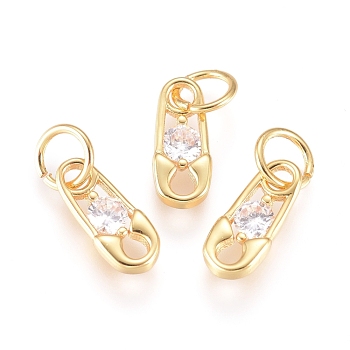 Brass Charms, with Cubic Zirconia and Jump Rings, Safety Pin, Clear, Golden, 10x4.5x2mm, Hole: 3.5mm