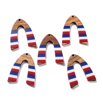 Independence Day Opaque Striped Resin & Walnut Wood Pendants, Geometric Charms, Triangle, 37.3x29x3.5mm, Hole: 2mm