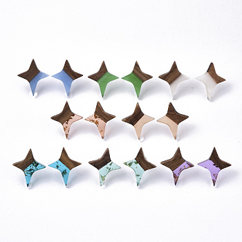 Resin & Walnut Wood Stud Earrings, with 304 Stainless Steel Pin, Star, Mixed Color, 21x17~18mm, Pin: 0.7mm