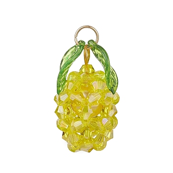 Glass Pendants, Pineapple, with 304 Stainless Steel Jump Rings, Faceted, AB Color Plated, Yellow, 29x17x17mm, Hole: 5mm