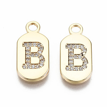 Brass Micro Pave Clear Cubic Zirconia Pendants, Nickel Free, Real 18K Gold Plated, Oval with Word, Letter.B, 16x7.5x1.5mm, Hole: 1.8mm