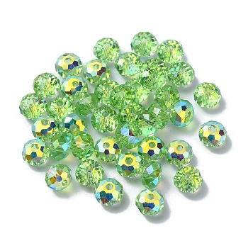 AB Color Plated Glass Beads, Faceted Rondelle, Light Green, 6x4mm, Hole: 1.4mm