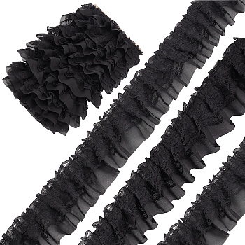 10M Double-Layer Pleated Polyester Chiffon Lace Trim, for Costume Decoration, Black, 2 inch(50mm), about 10.94 Yards(10m)/Bag