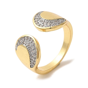 Rack Plating Brass Micro Pave Clear Cubic Zirconia Cuff Rings for Women, Long-Lasting Plated, Cadmium Free & Lead Free, Real 18K Gold Plated, Moon, Inner Diameter: 18mm