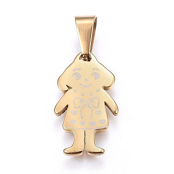 304 Stainless Steel Pendants, Large Hole Pendants, Girl, Golden, 25x14x2mm, Hole: 9x5mm