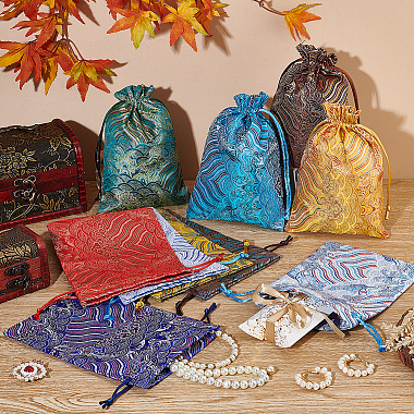 10Pcs 10 Colors Chinese Style Brocade Drawstring Gift Blessing Bags(ABAG-NB0001-87)-4