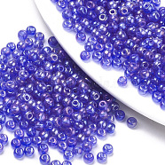 Glass Beads, Transparent Colours Rainbow, Round, Blue, 4x3mm, Hole: 1mm, about 4500pcs/bag(SEED-S040-06A-03)