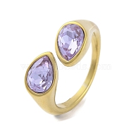 Ion Plating(IP) 304 Stainless Steel Rhinestone Teardrop Cuff Open for Women, Real 14K Gold Plated, Violet, Inner Diameter: 18mm(RJEW-N046-04F-G)