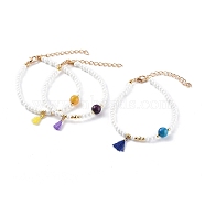 Polycotton Tassel Charm Bracelets, with Round Glass Seed Beads, Natural Agate Beads and Alloy Lobster Claw Clasps, Golden, Mixed Color, 7-1/4 inch(18.5cm)(BJEW-JB06187)