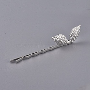 Iron Hair Bobby Pins, with Brass Findings, Leaf, Platinum, 64x4mm, Leaf: 27x12mm(IFIN-L035-07P)