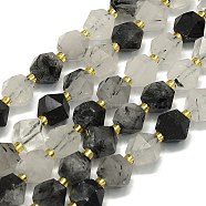 Natural Tourmalinated Quartz Beads Strand, Octagonal, Faceted, 9~10.5x9~10.5x7.5~8.5mm, Hole: 1mm, about 36~40pcs/strand, 15.35~15.55 inch(39~39.5cm)(G-I376-A23-01)