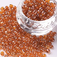 Glass Seed Beads, Trans. Colours Lustered, Round, Orange, 4mm, Hole: 1.5mm, about 4500pcs/pound(SEED-A006-4mm-109)