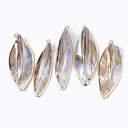 Natural Freshwater Shell Big Pendants, with Iron Loops, Edge Golden Plated, Leaf, 47~52x13~20x7~9mm, Hole: 1.6mm(SHEL-R048-09)
