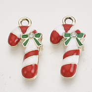 Christmas Theme, Alloy Enamel Pendants, with Crystal Rhinestone, Light Gold, Candy Cane, Red, 22x11x4mm, Hole: 1.8mm(X-ENAM-S119-016)