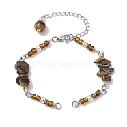 Natural Tiger Eye Chips & Handmade Seed Beads Bracelet Making, with 304 Stainless Steel Ends Chains, 7 inch(17.9cm)(AJEW-MZ00001-02)