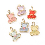 Translucent Resin Pendants, Bear with Bowknot Charm, with Brass Micro Pave Clear Cubic Zirconia, Cadmium Free & Lead Free, Real 18K Gold Plated, Mixed Color, 28x25x8mm, Hole: 4.5x7mm(KK-G406-50G)