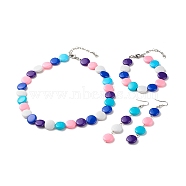 Acrylic Beaded Jewelry Set, Flat Round Beaded Necklace & Bracelet and Long Dangle Earrings for Women, Colorful, 16.33 inch(41.5cm), 7.60 inch(19.3cm), 93mm, Pin: 0.6mm(SJEW-JS01224)