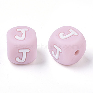Food Grade Eco-Friendly Silicone Beads, Horizontal Hole, Chewing Beads For Teethers, DIY Nursing Necklaces Making, Letter Style, Cube, Pink, Letter.J, 10x10x10mm, Hole: 2mm(X-SIL-R011-10mm-04J)