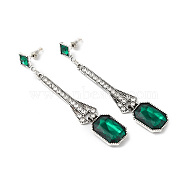Rhinestone Rectangle Dangle Stud Earrings, Antique Silver Alloy Long Drop Earrings for Women, Emerald, 80mm, Pin: 0.8mm(EJEW-D054-01AS-03)