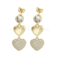 Heart Brass with Cubic Zirconia Dangle Stud Earrings, Long-Lasting Plated, Lead Free & Cadmium Free, Real 18K Gold Plated, 32.5x13mm(EJEW-Q811-30G)