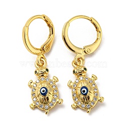 Real 18K Gold Plated Brass Dangle Leverback Earrings, with Enamel and Cubic Zirconia, Tortoise with Evil Eye, Dark Blue, 30x9.5mm(EJEW-A033-25G-02)