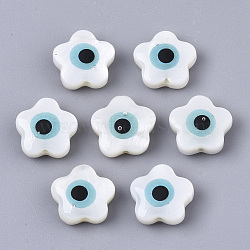 Natural Freshwater Shell Beads, with Enamel, Flower with Evil Eye, Sky Blue, 10.5x10.5x4.5mm, Hole: 0.9mm(SHEL-N026-34)