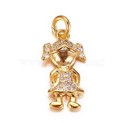 Brass Micro Pave Cubic Zirconia Pendants, Girl, Golden, 18x9x2mm, Hole: 3mm(ZIRC-P060-18G)