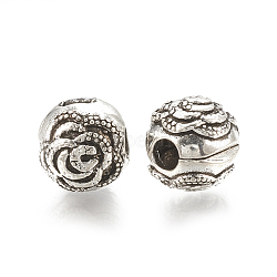 Alloy European Clasps, Large Hole Beads, Rondelle with Flower, Antique Silver, 9x9.5x9.5mm, Hole: 3mm(PDLC-S001-05)