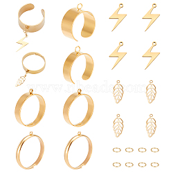 DIY Charm Adjustable Ring Making Kit, Including 304 Stainless Steel Loop Ring Base, 201 Stainless Steel Charms, Leaf & Lightning Bolt, Golden, 26Pcs/box(DIY-NB0010-01)