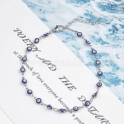 Christmas Brass Evil Eye Enamel Link Chain Anklets for Women, Platinum, Midnight Blue, 8-1/4 inch(210mm)(WGC2D50-05)