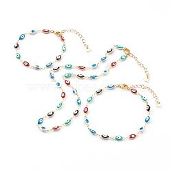 Handmade Evil Eye Enamel Brass Cable Chains Set, Necklaces & Bracelets & Anklet Set, with 304 Stainless Steel Lobster Claw Clasps, Golden, Colorful, 6.88 inch(17.5cm), 8.66 inch(22cm), 15.74 inch(40cm), 3pcs/Set(SJEW-JS01179)