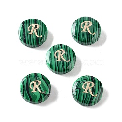 Synthetic Malachite Beads, with Golden Tone Brass Slices, Flat Round with Letter, Letter R, 15x5mm, Hole: 1.4mm(G-A238-01R)