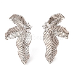 Brass Pave Clear Cubic Zirconia Stud Earring Findings, with Loop, Leaf, Platinum, 28x16mm, Hole: 1mm, Pin: 0.8mm(KK-N256-27P)