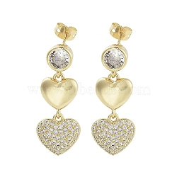 Heart Brass with Cubic Zirconia Dangle Stud Earrings, Long-Lasting Plated, Lead Free & Cadmium Free, Real 18K Gold Plated, 32.5x13mm(EJEW-Q811-30G)