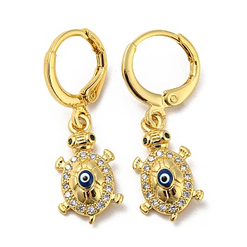 Real 18K Gold Plated Brass Dangle Leverback Earrings, with Enamel and Cubic Zirconia, Tortoise with Evil Eye, Dark Blue, 30x9.5mm