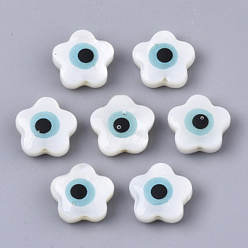 Natural Freshwater Shell Beads, with Enamel, Flower with Evil Eye, Sky Blue, 10.5x10.5x4.5mm, Hole: 0.9mm