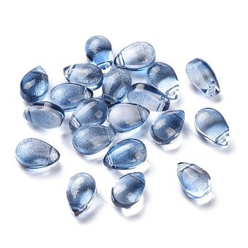 Transparent Glass Charms, Glitter Gold Powder, Teardrop, Blue, 9x6x5mm, Hole: 1mm