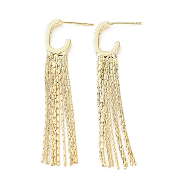 Rack Plating Brass Tassel Stud Earrings, Oval Half Hoop Earrings, Cadmium Free & Lead Free, Real 18K Gold Plated, 59.5x10x2mm