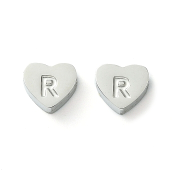 316 Surgical Stainless Steel Beads, Love Heart with Letter Bead, Stainless Steel Color, Letter R, 5.5x6.5x2.5mm, Hole: 1.4mm
